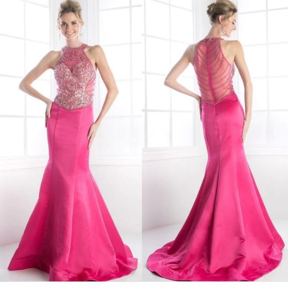 Cinderella Mermaid Maxi High Neck Sleeveless Satin Illusion Prom Dress6